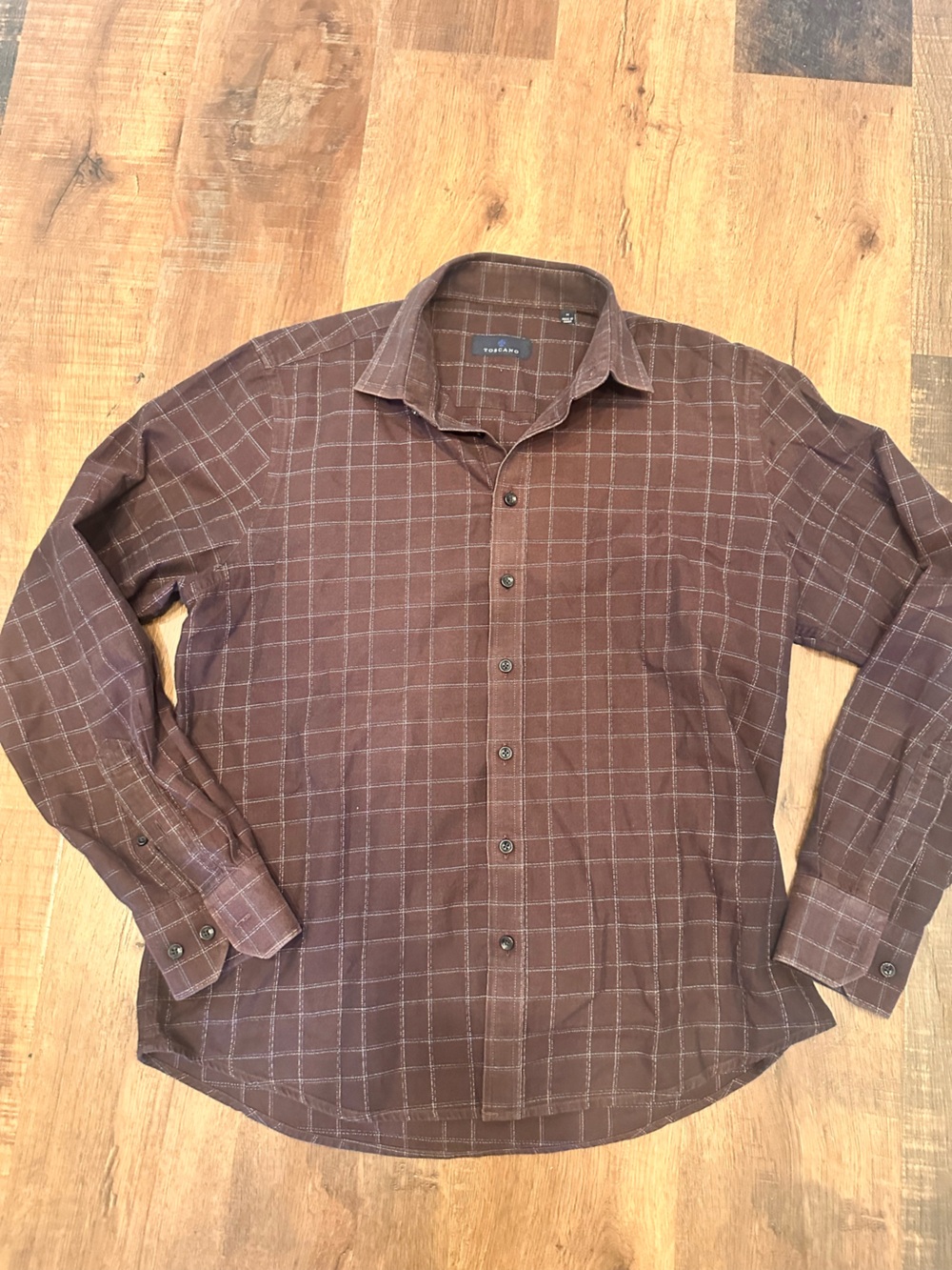 Toscano brown windowpane plaid shirt size M
